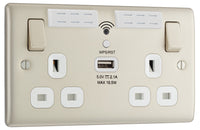BG NPR22UWRW Nexus Metal Double Socket 13A + Wifi Extender +1x USB(2.1A) - White Insert - Pearl Nickel