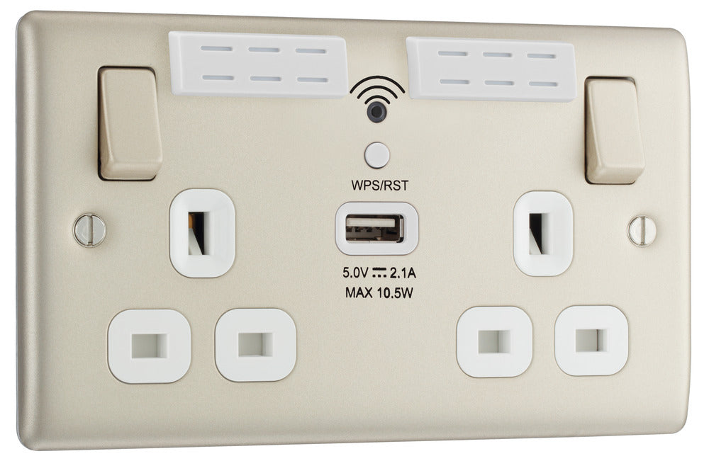 BG NPR22UWRW Nexus Metal Double Socket 13A + Wifi Extender +1x USB(2.1A) - White Insert - Pearl Nickel - westbasedirect.com