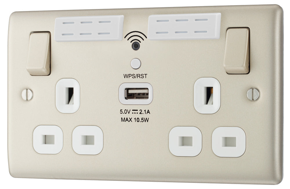 BG NPR22UWRW Nexus Metal Double Socket 13A + Wifi Extender +1x USB(2.1A) - White Insert - Pearl Nickel - westbasedirect.com