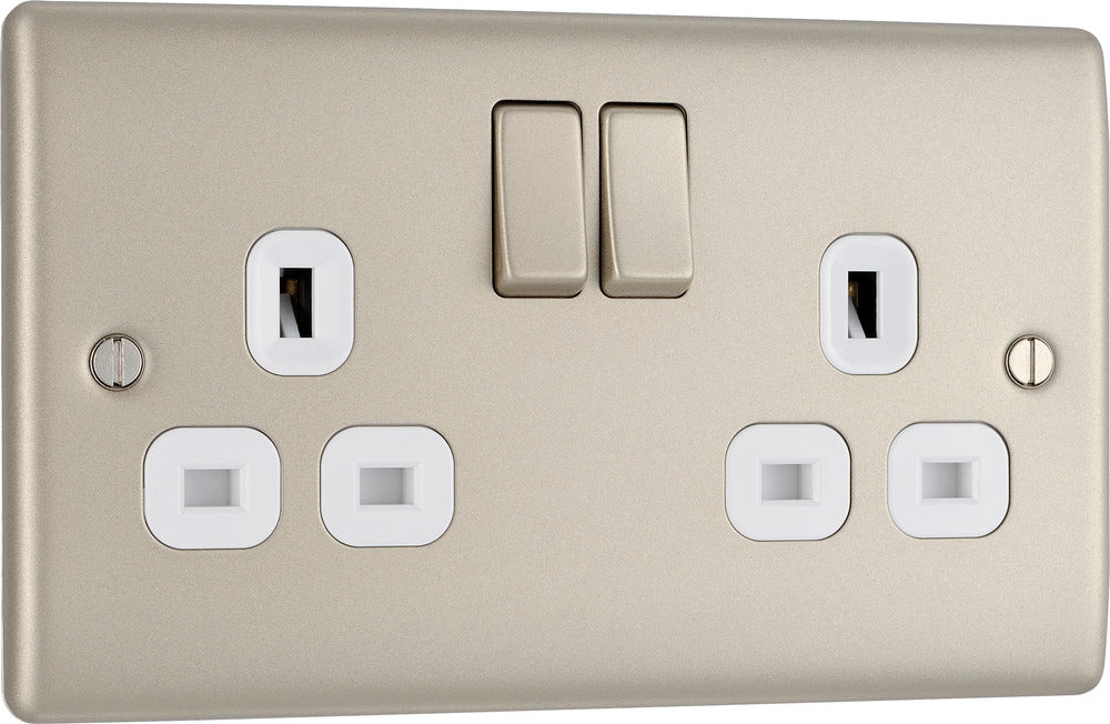 BG NPR22W Nexus Metal Double Socket 13A - White Insert - Pearl Nickel - westbasedirect.com