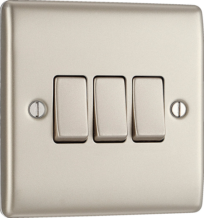 BG NPR43 Nexus Metal Triple Light Switch 10A - Pearl Nickel - westbasedirect.com