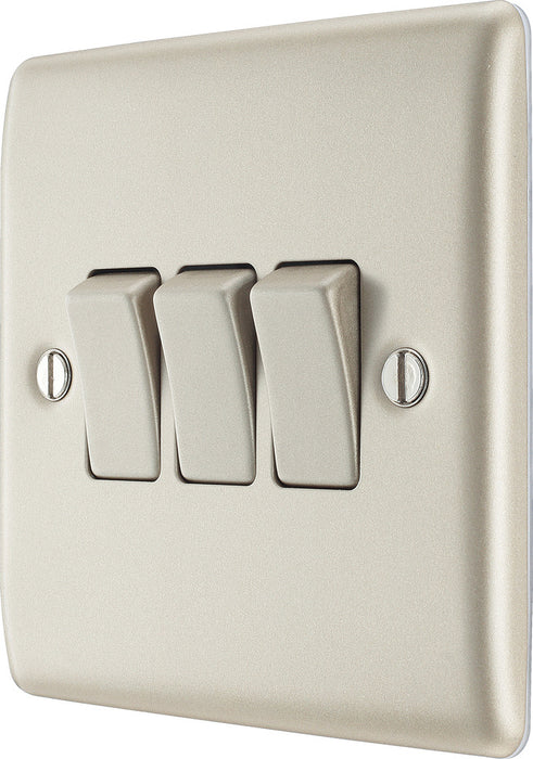 BG NPR43 Nexus Metal Triple Light Switch 10A - Pearl Nickel - westbasedirect.com