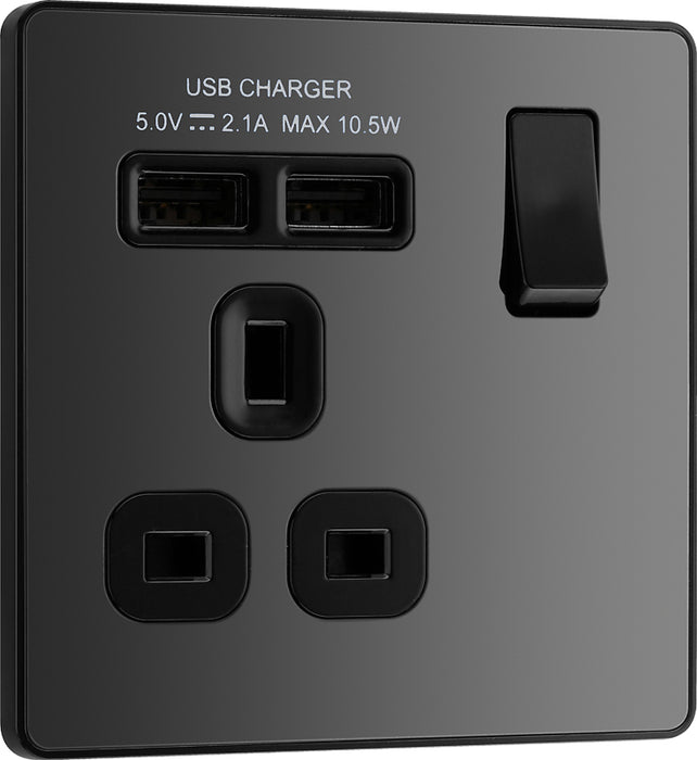 BG Evolve PCDBC21U2B 13A Single Switched Power Socket + 2xUSB(2.1A) - Black Chrome (Black) - westbasedirect.com