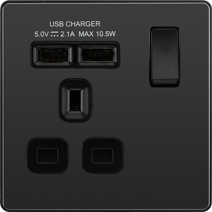 BG Evolve PCDBC21U2B 13A Single Switched Power Socket + 2xUSB(2.1A) - Black Chrome (Black) - westbasedirect.com