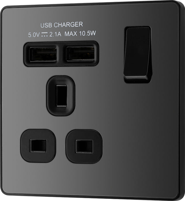 BG Evolve PCDBC21U2B 13A Single Switched Power Socket + 2xUSB(2.1A) - Black Chrome (Black) - westbasedirect.com