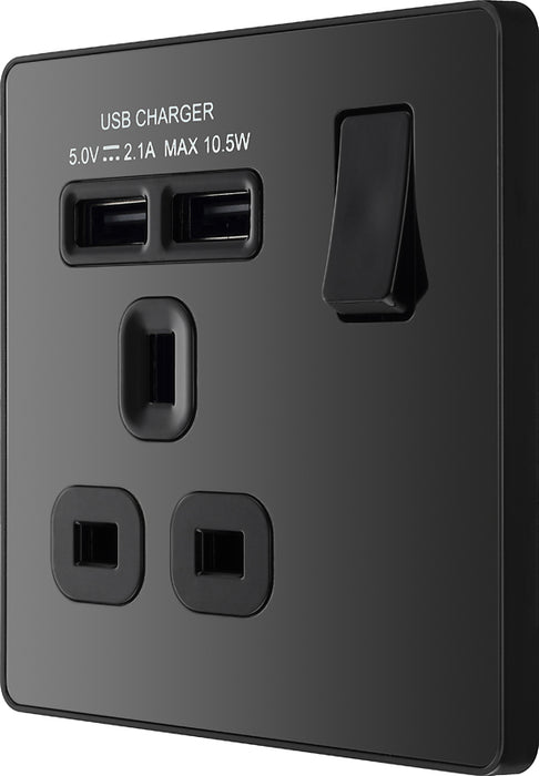 BG Evolve PCDBC21U2B 13A Single Switched Power Socket + 2xUSB(2.1A) - Black Chrome (Black) - westbasedirect.com