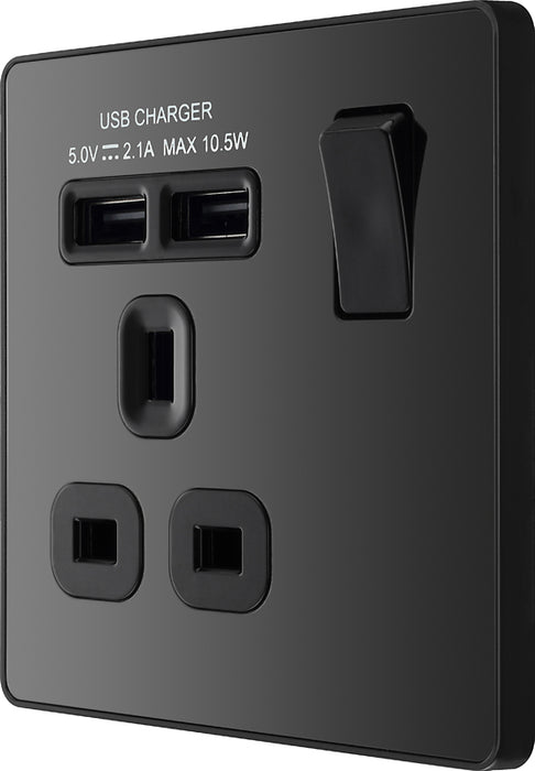 BG Evolve PCDBC21U2B 13A Single Switched Power Socket + 2xUSB(2.1A) - Black Chrome (Black) - westbasedirect.com