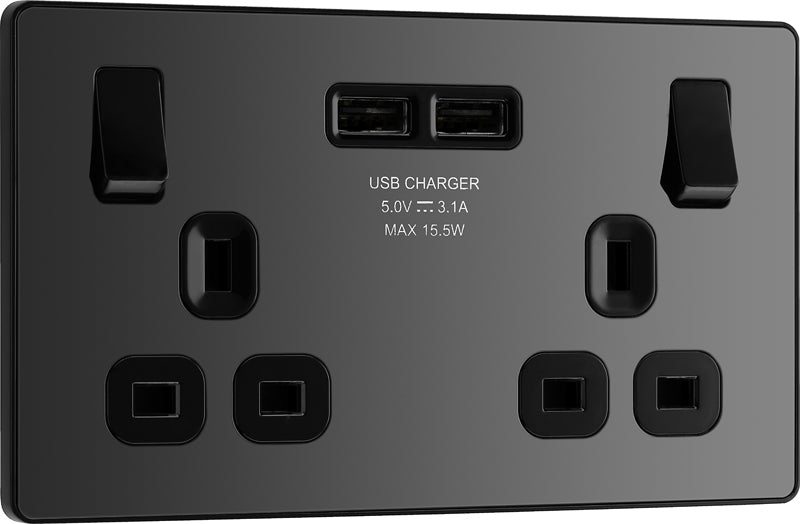 BG Evolve PCDBC22U3B 13A Double Switched Power Socket + 2xUSB(3.1A) - Black Chrome (Black) - westbasedirect.com
