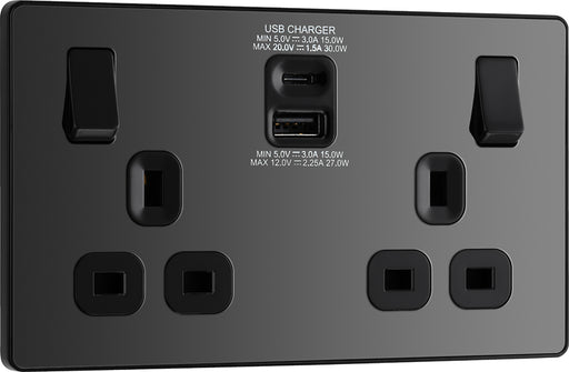 BG Evolve PCDBC22UAC30B 13A Double Switched Power Socket + USB C 30W + USB A(3.1A) - Black Chrome (Black) - westbasedirect.com