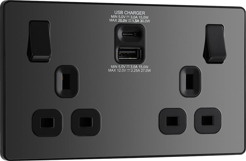 BG Evolve PCDBC22UAC30B 13A Double Switched Power Socket + USB C 30W + USB A(3.1A) - Black Chrome (Black) - westbasedirect.com