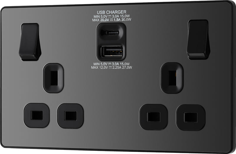 BG Evolve PCDBC22UAC30B 13A Double Switched Power Socket + USB C 30W + USB A(3.1A) - Black Chrome (Black) - westbasedirect.com