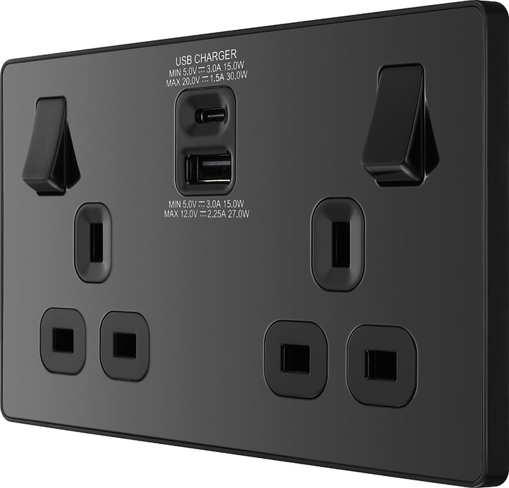BG Evolve PCDBC22UAC30B 13A Double Switched Power Socket + USB C 30W + USB A(3.1A) - Black Chrome (Black) - westbasedirect.com