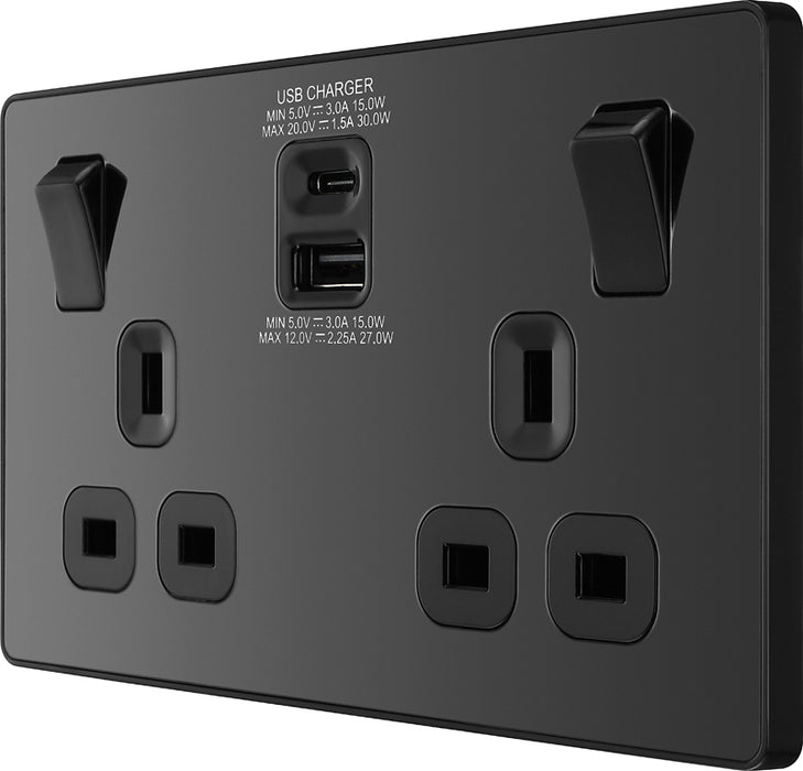 BG Evolve PCDBC22UAC30B 13A Double Switched Power Socket + USB C 30W + USB A(3.1A) - Black Chrome (Black) - westbasedirect.com