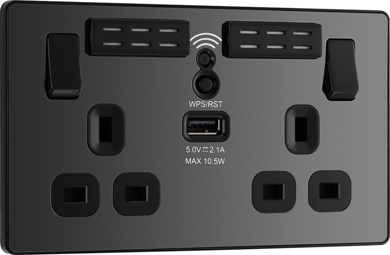 BG Evolve PCDBC22UWRB 13A Double Switched Power Socket + WiFi Extender + 1xUSB(2.1A) - Black Chrome (Black) - westbasedirect.com