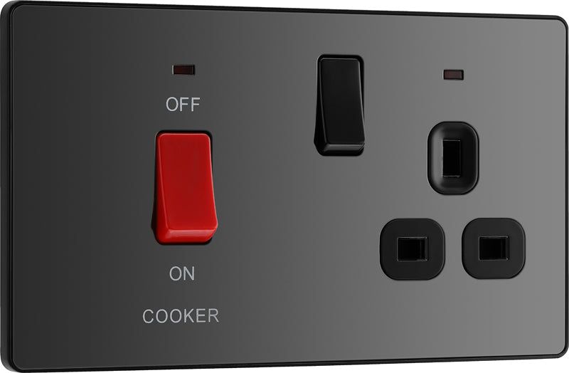 BG Evolve PCDBC70B 45A Cooker Control Socket, Double Pole Switch with LED Power Indicator - Black Chrome (Black) - westbasedirect.com