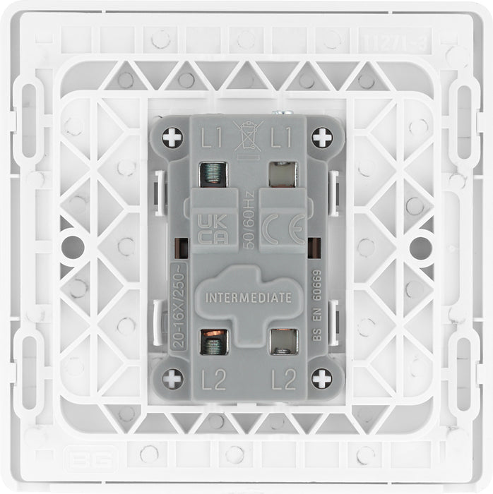 BG Evolve PCDBS13W 20A 16AX Single Intermediate Light Switch - Brushed Steel (White) - westbasedirect.com
