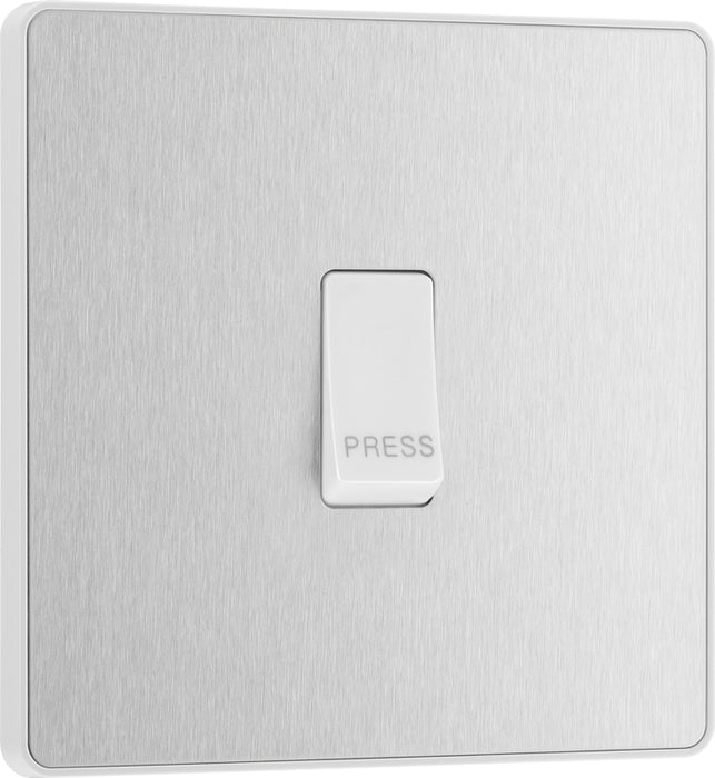 BG Evolve PCDBS14W 10A Single Press Switch - Brushed Steel (White) - westbasedirect.com