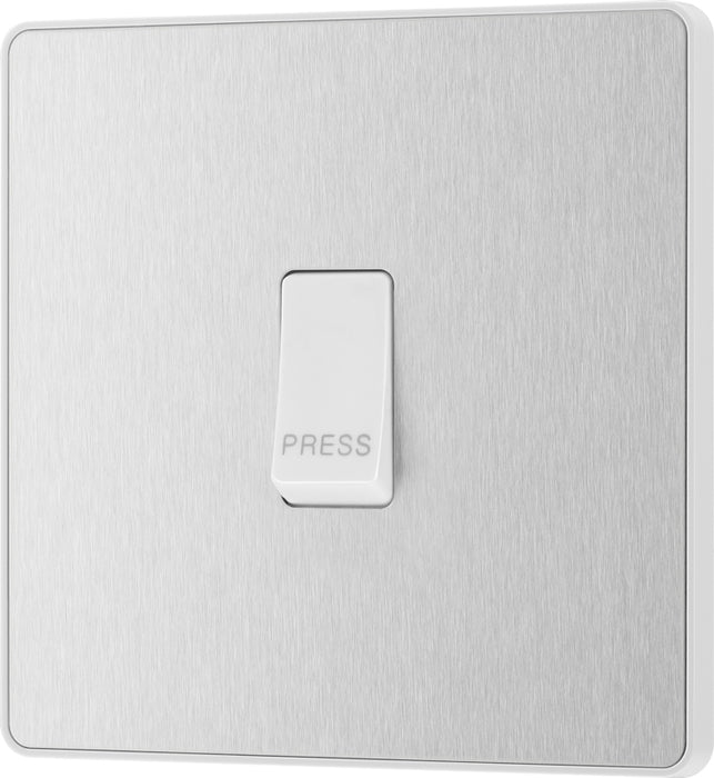 BG Evolve PCDBS14W 10A Single Press Switch - Brushed Steel (White) - westbasedirect.com