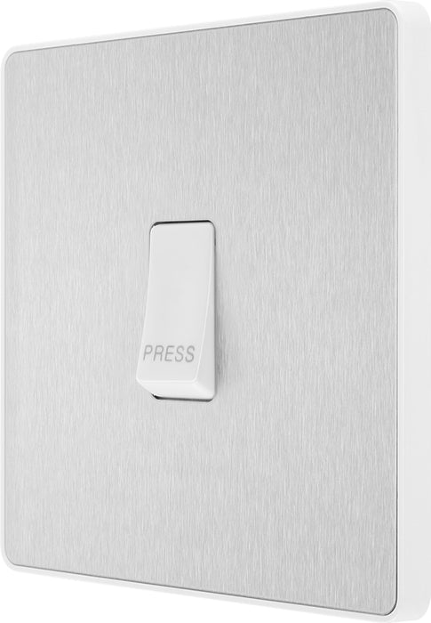 BG Evolve PCDBS14W 10A Single Press Switch - Brushed Steel (White) - westbasedirect.com