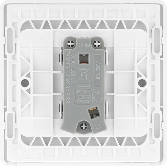 BG Evolve PCDBS14W 10A Single Press Switch - Brushed Steel (White) - westbasedirect.com