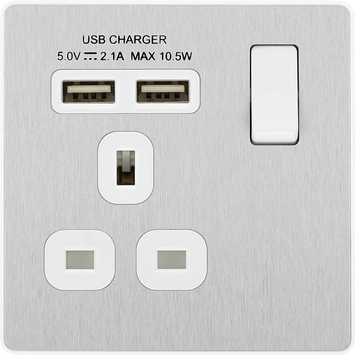 BG Evolve PCDBS21U2W 13A Single Switched Power Socket + 2xUSB(2.1A) - Brushed Steel (White) - westbasedirect.com