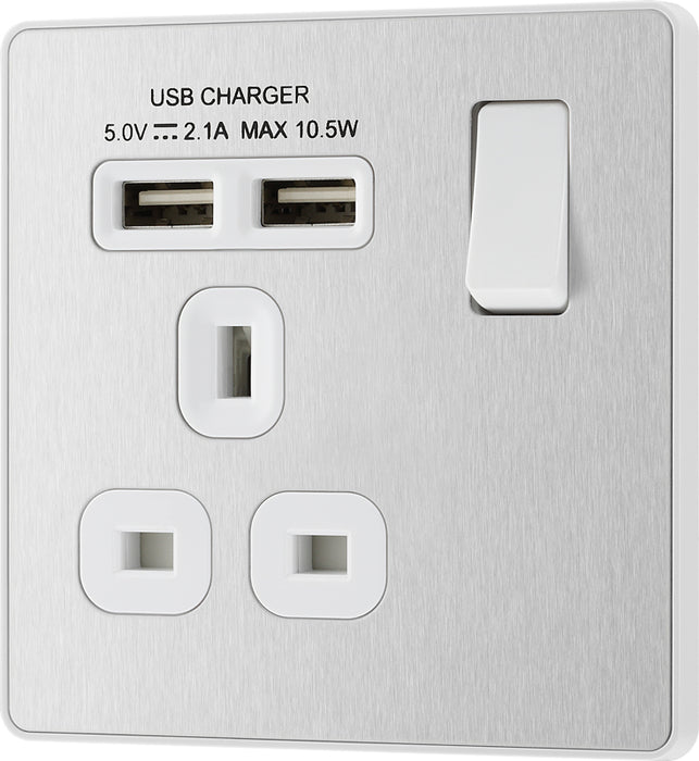 BG Evolve PCDBS21U2W 13A Single Switched Power Socket + 2xUSB(2.1A) - Brushed Steel (White) - westbasedirect.com