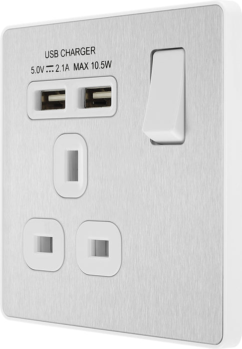 BG Evolve PCDBS21U2W 13A Single Switched Power Socket + 2xUSB(2.1A) - Brushed Steel (White) - westbasedirect.com