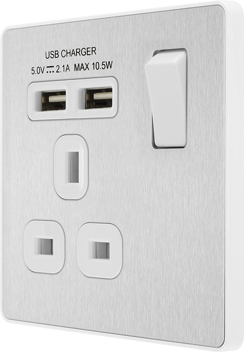 BG Evolve PCDBS21U2W 13A Single Switched Power Socket + 2xUSB(2.1A) - Brushed Steel (White) - westbasedirect.com
