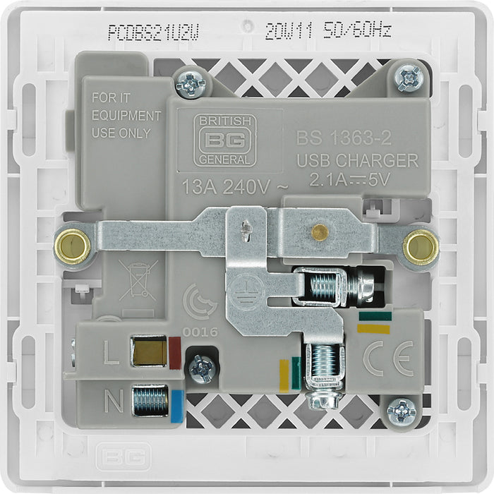 BG Evolve PCDBS21U2W 13A Single Switched Power Socket + 2xUSB(2.1A) - Brushed Steel (White) - westbasedirect.com