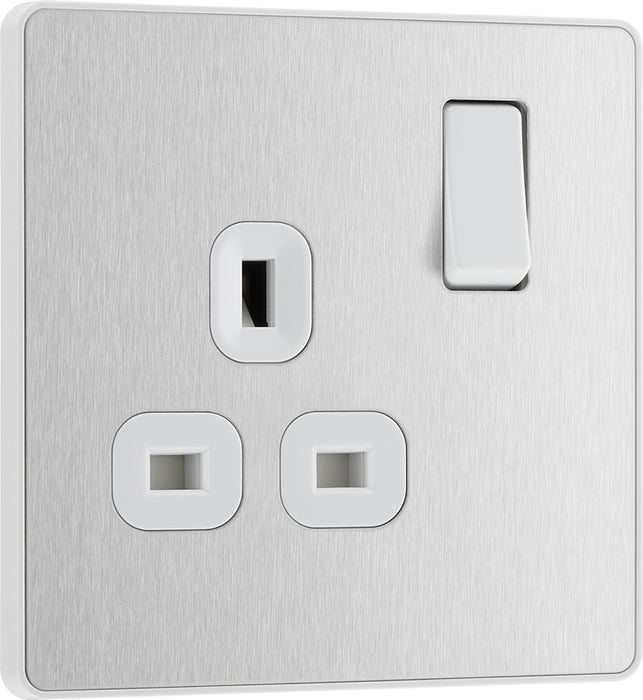 BG Evolve PCDBS21W 13A Single Switched Power Socket - Brushed Steel (White) - westbasedirect.com