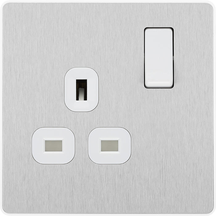 BG Evolve PCDBS21W 13A Single Switched Power Socket - Brushed Steel (White) - westbasedirect.com