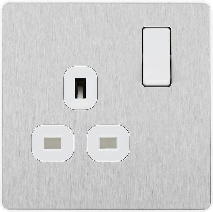 BG Evolve PCDBS21W 13A Single Switched Power Socket - Brushed Steel (White) (5 Pack) - westbasedirect.com