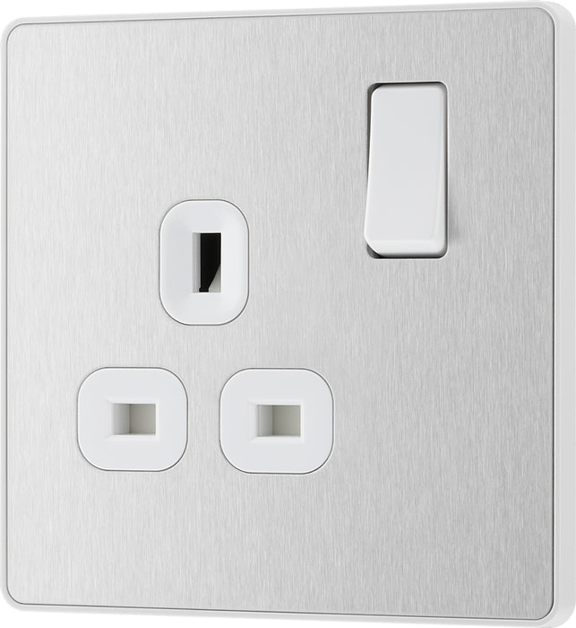 BG Evolve PCDBS21W 13A Single Switched Power Socket - Brushed Steel (White) - westbasedirect.com