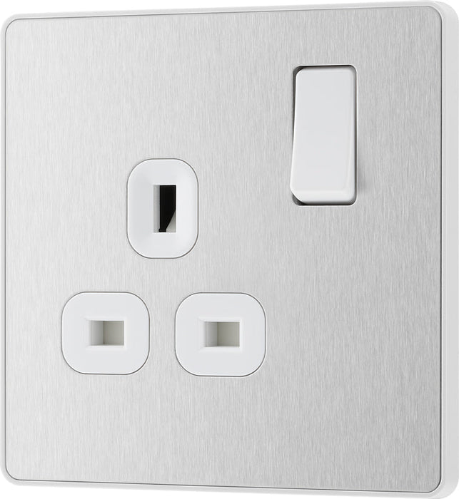 BG Evolve PCDBS21W 13A Single Switched Power Socket - Brushed Steel (White) (5 Pack) - westbasedirect.com