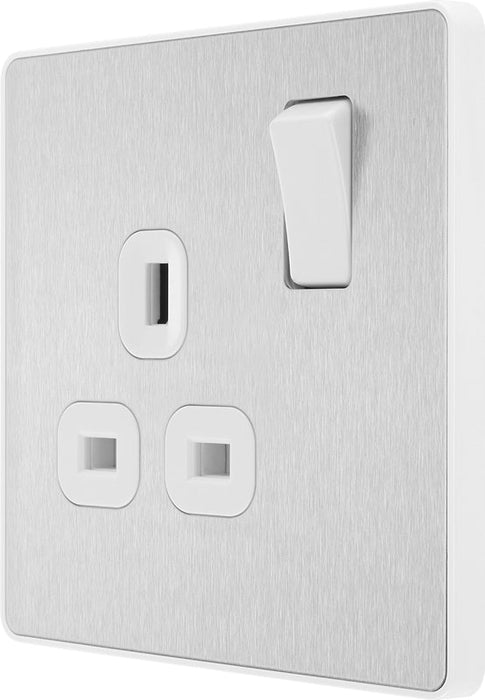 BG Evolve PCDBS21W 13A Single Switched Power Socket - Brushed Steel (White) (5 Pack) - westbasedirect.com