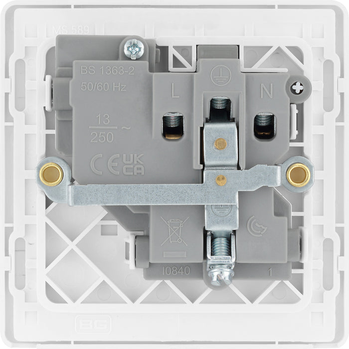 BG Evolve PCDBS21W 13A Single Switched Power Socket - Brushed Steel (White) - westbasedirect.com