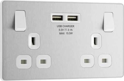 BG Evolve PCDBS22U3W 13A Double Switched Power Socket + 2xUSB(3.1A) - Brushed Steel (White) - westbasedirect.com