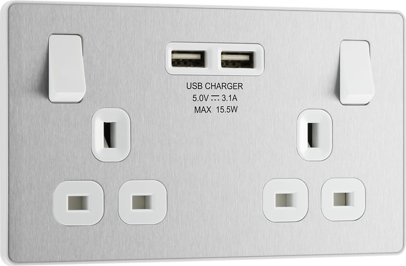 BG Evolve PCDBS22U3W 13A Double Switched Power Socket + 2xUSB(3.1A) - Brushed Steel (White) - westbasedirect.com