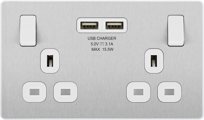 BG Evolve PCDBS22U3W 13A Double Switched Power Socket + 2xUSB(3.1A) - Brushed Steel (White) (5 Pack) - westbasedirect.com