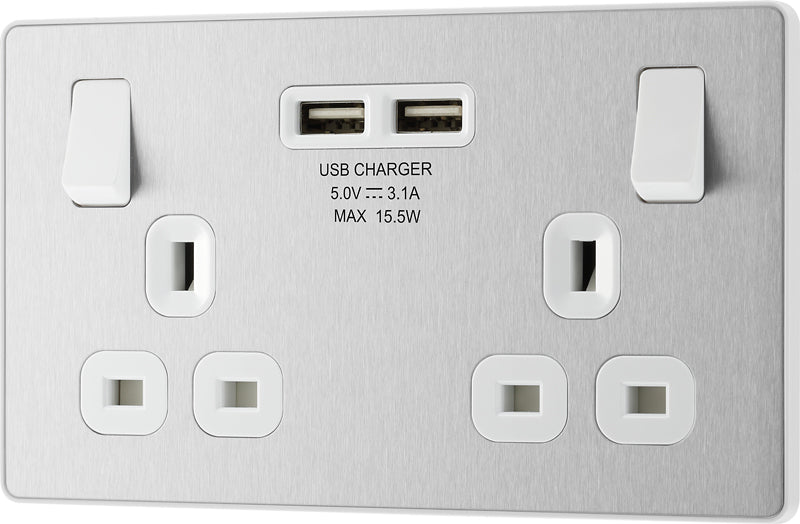 BG Evolve PCDBS22U3W 13A Double Switched Power Socket + 2xUSB(3.1A) - Brushed Steel (White) (5 Pack) - westbasedirect.com