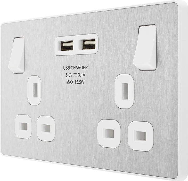 BG Evolve PCDBS22U3W 13A Double Switched Power Socket + 2xUSB(3.1A) - Brushed Steel (White) - westbasedirect.com