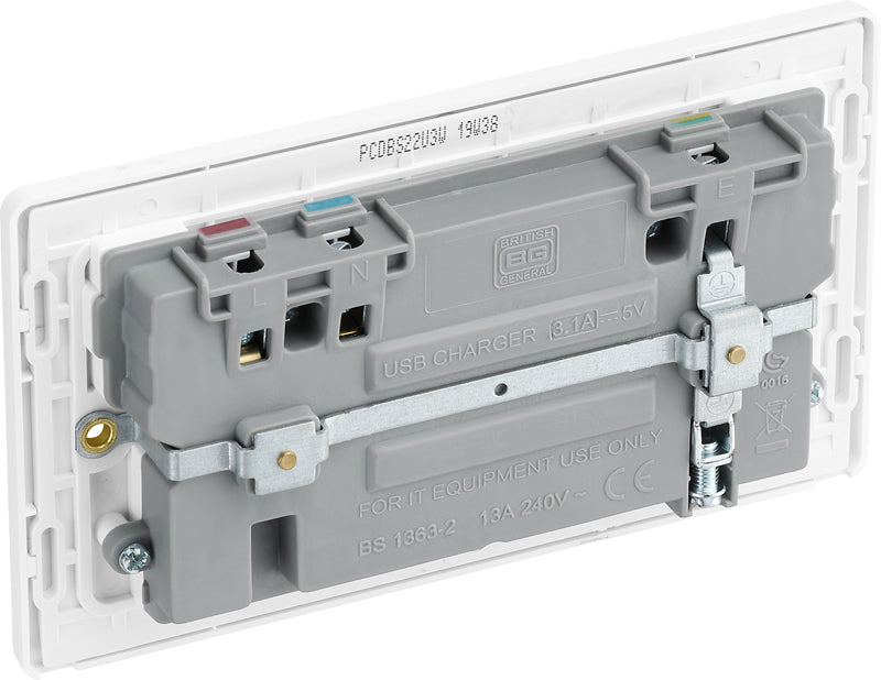 BG Evolve PCDBS22U3W 13A Double Switched Power Socket + 2xUSB(3.1A) - Brushed Steel (White) (5 Pack) - westbasedirect.com