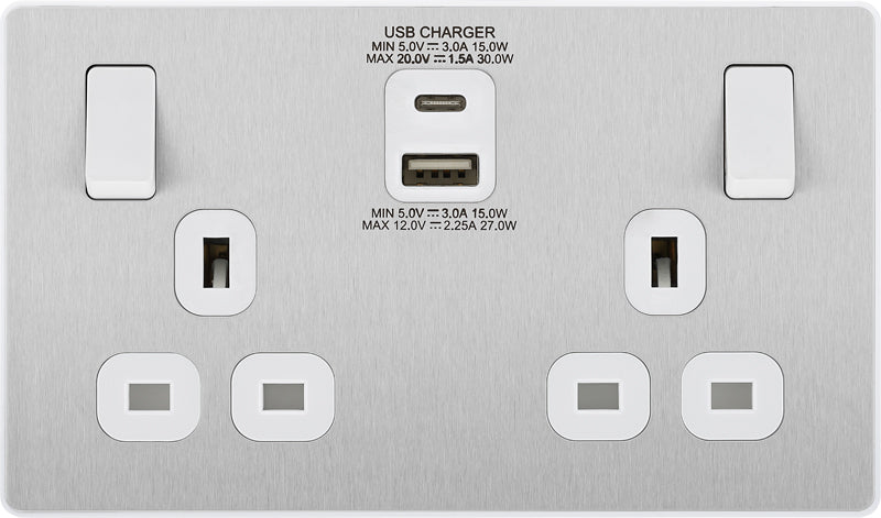 BG Evolve PCDBS22UAC30W 13A Double Switched Power Socket + USB C 30W + USB A(3.1A) - Brushed Steel (White) - westbasedirect.com