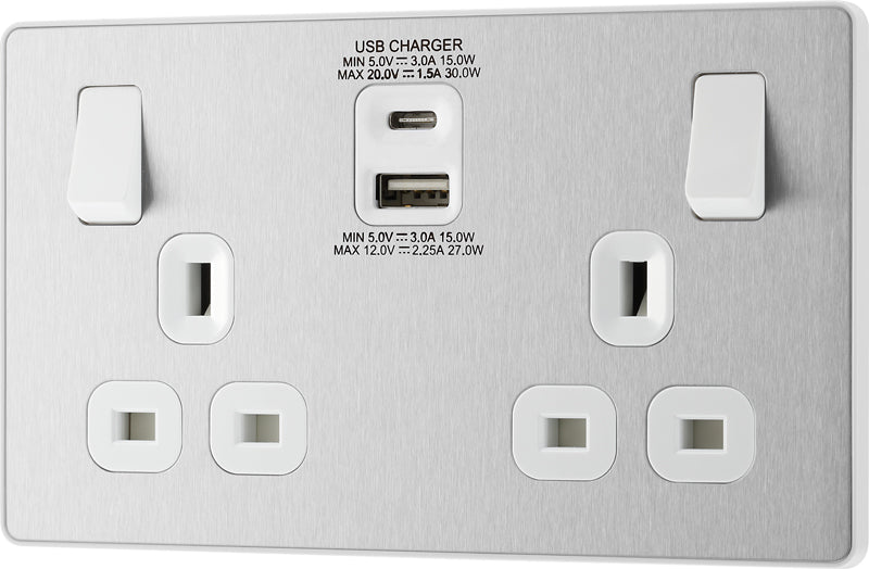 BG Evolve PCDBS22UAC30W 13A Double Switched Power Socket + USB C 30W + USB A(3.1A) - Brushed Steel (White) - westbasedirect.com
