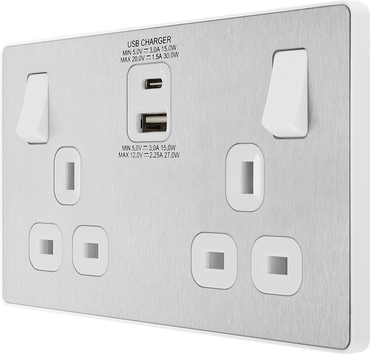 BG Evolve PCDBS22UAC30W 13A Double Switched Power Socket + USB C 30W + USB A(3.1A) - Brushed Steel (White) - westbasedirect.com