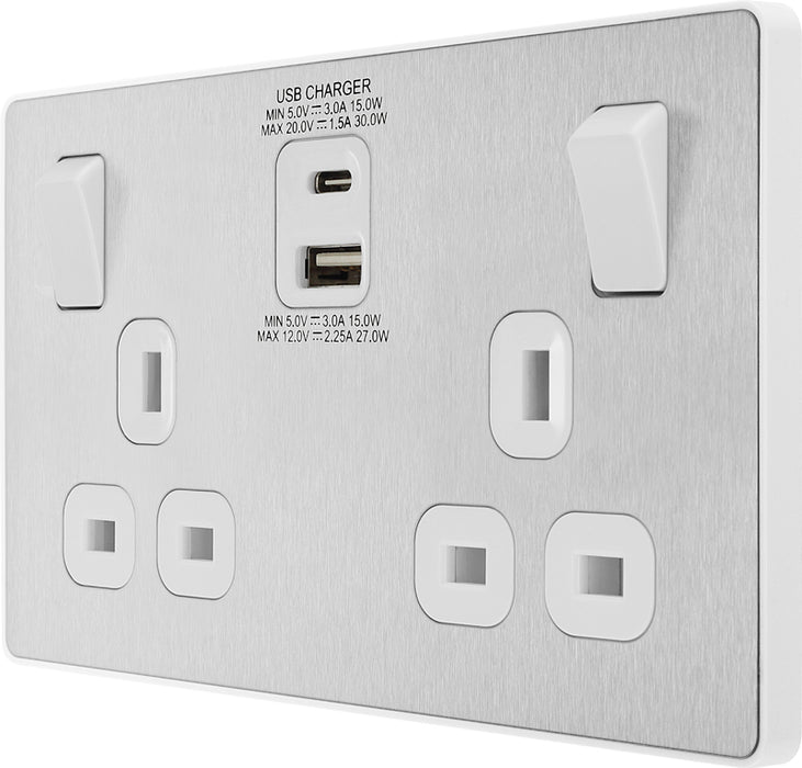 BG Evolve PCDBS22UAC30W 13A Double Switched Power Socket + USB C 30W + USB A(3.1A) - Brushed Steel (White) - westbasedirect.com