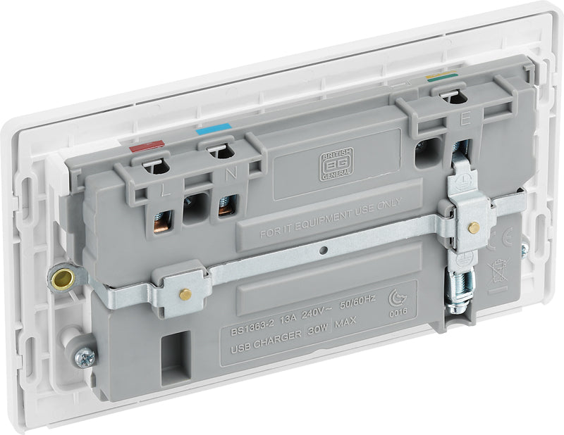 BG Evolve PCDBS22UAC30W 13A Double Switched Power Socket + USB C 30W + USB A(3.1A) - Brushed Steel (White) - westbasedirect.com