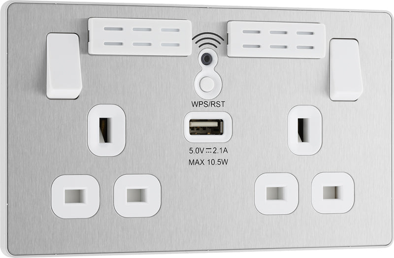 BG Evolve PCDBS22UWRW 13A Double Switched Power Socket + WiFi Extender + 1xUSB(2.1A) - Brushed Steel (White) - westbasedirect.com