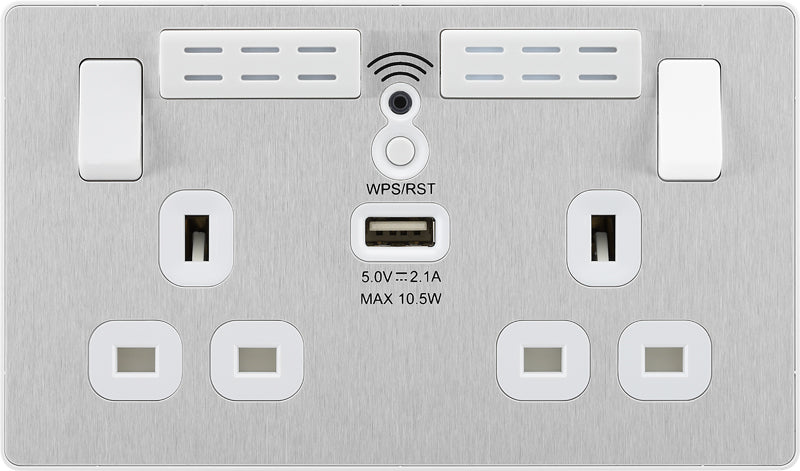 BG Evolve PCDBS22UWRW 13A Double Switched Power Socket + WiFi Extender + 1xUSB(2.1A) - Brushed Steel (White) - westbasedirect.com