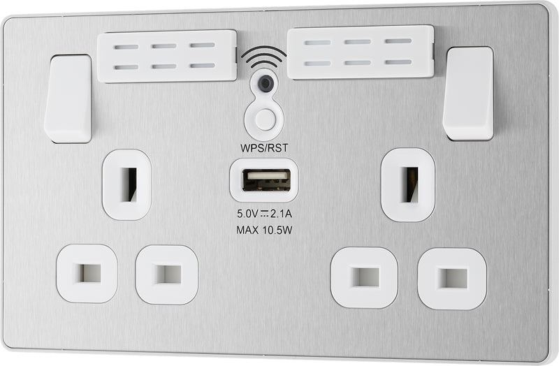 BG Evolve PCDBS22UWRW 13A Double Switched Power Socket + WiFi Extender + 1xUSB(2.1A) - Brushed Steel (White) - westbasedirect.com